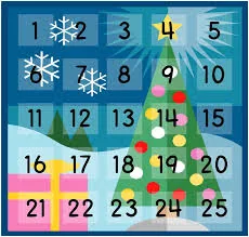 An advent calendar illustrated with a Christmas tree and numbered doors