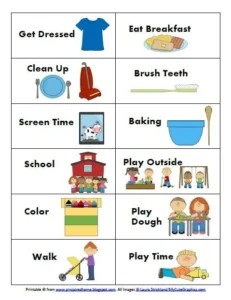Visual daily routine chart with picture icons for dressing, breakfast, school and play