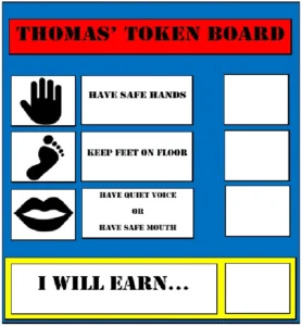 A token reward board headed "Thomas' Token Board" listing target behaviours