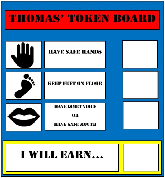 A token reward board headed "Thomas' Token Board" listing target behaviours