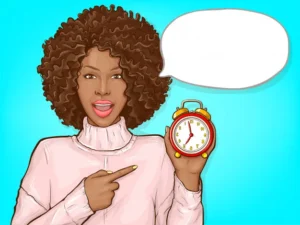 Black woman pointing by finger alarm clock