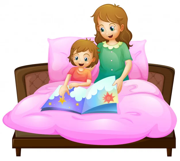 Mother telling bedtime story kid bed
