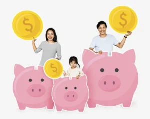 Happy family with savings piggy banks