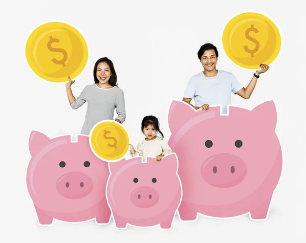 Happy family with savings piggy banks