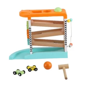 Wooden ball run toy with small cars and a wooden hammer