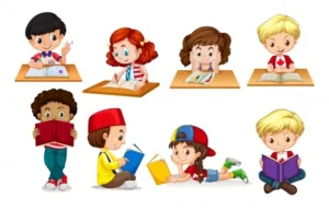 Boy girl reading writing illustration