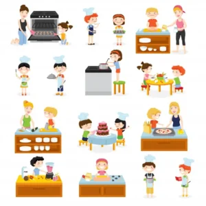 Cartoon kids cooking set with children adults flat characters kitchen furniture equipment food images vector illustration