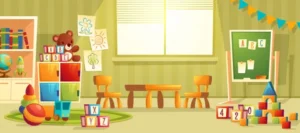 Vector cartoon illustration empty kindergarten room with furniture toys young children n