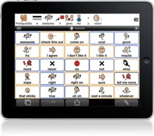The Proloquo2Go communication app open on a tablet
